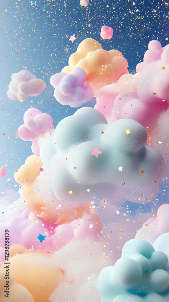 Poster soft pastel clouds floating in the sky surrounded by sparkling stars and a dreamy atmosphere, symbol