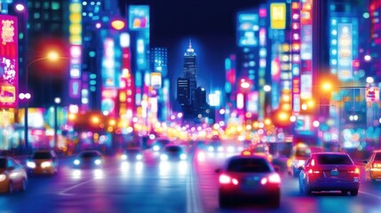 Fototapeta premium Night city street, vibrant lights, traffic, skyscraper background, urban travel