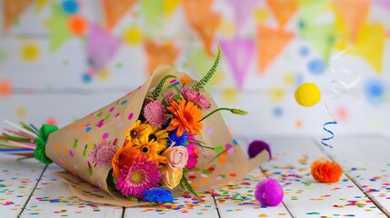 Obraz premium Vibrant Birthday Bouquet with Fresh Flowers, Joyful Floral Arrangement for Celebrations, Party Decorations, Festive Greeting Card Background