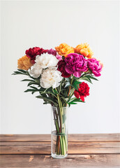 Fototapeta premium AI-generated photo with colored Peonies in a simple glass vase. Minimalistic bouquet of Peony flowers isolated on a white background