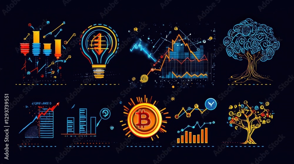 Poster innovative financial analytics and data visualization concepts depicting various graphs charts and d