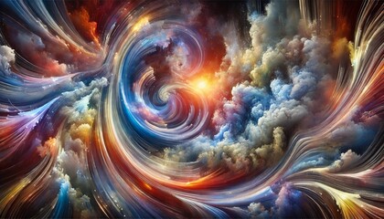 Obraz premium A large, abstract digital artwork symbolizing deep emotions and complex ideas. Vivid and dynamic color swirls intertwine, creating a sense of movement