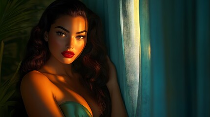 Stunning Woman Red Lips Golden Hour Teal Curtain Photography