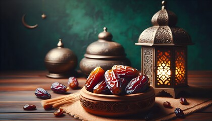 Traditional Ramadan still life with dates and lantern on a wooden table.