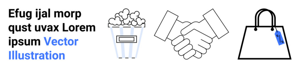 Handshake representing partnership, popcorn for entertainment, shopping bag shows retail. Ideal for business agreements, networking, e-commerce, sales, entertainment, cinema events flat landing page