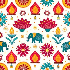 Vibrant indian elephant festive pattern seamless design colorful background red art teal lotus lamps