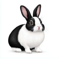 Obraz premium Charming black and white rabbit relaxing in a sunny garden surrounded by lush greenery and colorful flowers