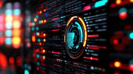 AI-powered business intelligence display, cutting-edge data visualization with glowing UI elements