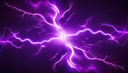 Powerful electrical current energy. Flash of lightning in a magic background. Neon purple discharge smoke background effect.