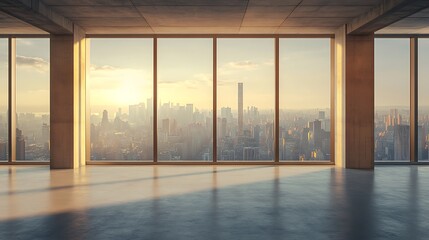 Modern Office Interior with City View, Modern office interior with large windows and city view, featuring minimalistic design, wooden accents, and indoor plants