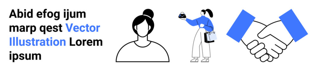 Woman holding items, handshake symbol, text placeholders, minimalist style. Ideal for business, communication, teamwork, networking, productivity corporate projects flat landing page banner