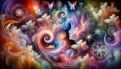 A surreal and abstract digital painting representing emotions and ideas. Swirling vibrant colors blend seamlessly, forming ethereal shapes and mysterious