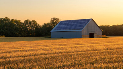 Solar panels on the roof of a blue barn surrounded by a golden wheat field at sunset, symbolizing renewable energy, sustainable farming, and eco-friendly practices.