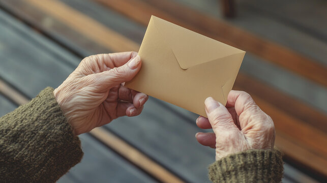 A photorealistic elderly person, opening a card, on a patio, natural daylight