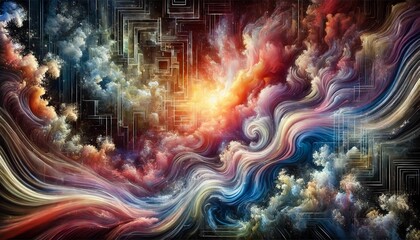A grand, immersive abstract digital painting representing deep emotions and abstract ideas. The artwork features a vibrant blend of colors