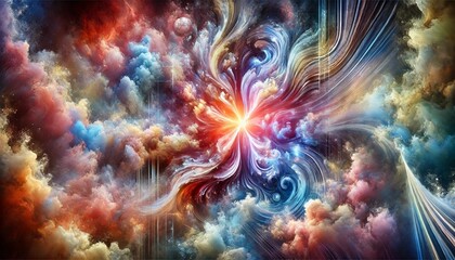 A grand, immersive abstract digital painting symbolizing deep emotions and abstract ideas. The artwork blends vibrant and soft colors, with fluid organic