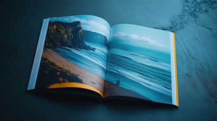 Fototapeta premium A book is open to a page with a beach and ocean view. Generative AI