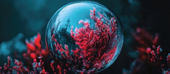 Naklejka premium Crystal Sphere Reflecting Red Flora, Dark Nature Background
