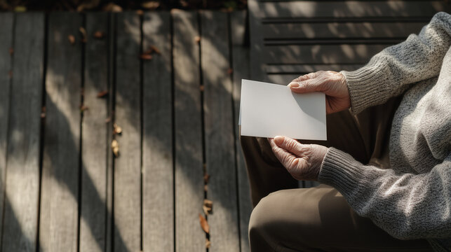 A photorealistic elderly person, opening a card, on a patio, natural daylight - Powered by Adobe