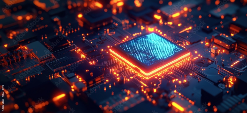 Poster futuristic microchip with glowing circuits and digital patterns in dark environment, copy space for 
