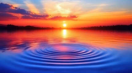 Fototapeta premium A beautiful sunset over a calm lake with a small ripple in the water. Generative AI