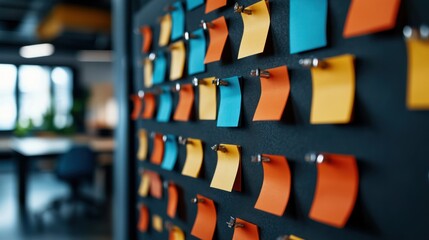 Announcement board in a co-working space, multiple papers and notes attached with magnets, modern and stylish