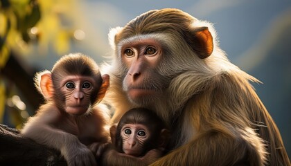 Vibrant Monkey Family Frolicking Amidst the Emerald Canopy of a Tropical Rainforest, Playful Interactions and Colourful Foliage Create an Exotic Eden in this Stunning Wildlife Moment.