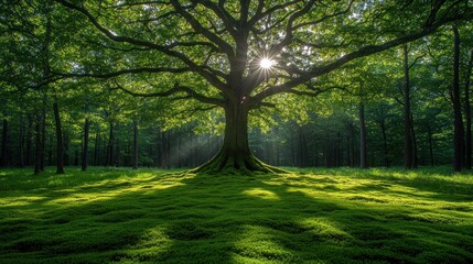 Fototapeta premium Majestic tree in sunlit forest clearing