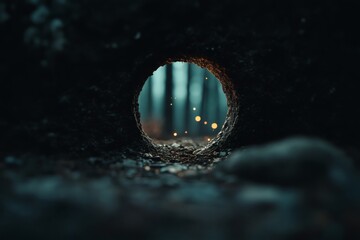 Magical light filters through a natural tunnel in the woods. Generative AI