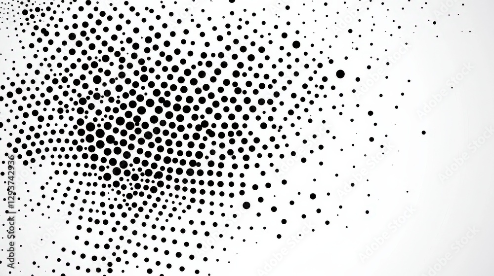 Poster abstract pattern of black dots dispersing on a white background, creating visual interest