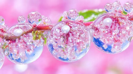 Dewdrops on pink blossoms, macro, spring, garden, reflection, bokeh, nature, floral, website, card
