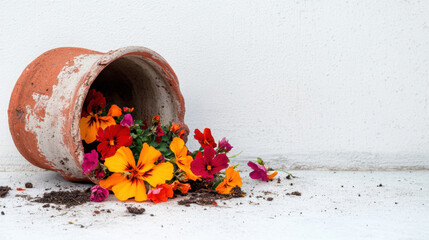A broken clay pot with colorful flowers spilling out, lying on a smooth balcony surface