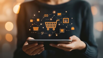 A person holds a tablet displaying e-commerce symbols, including a shopping cart, reflecting the digital shopping experience.