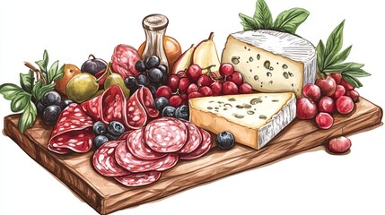 A beautifully arranged charcuterie board with cheeses and fruits digital