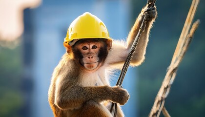 Fototapeta premium Playful Monkey Swinging from Construction Crane, Full of Mischief and Energy in the Urban Jungle, Capturing the Dynamic Spirit of a City Worksite.