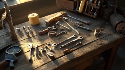 A clean arrangement of tools styled for a handyman service advertisement. pic