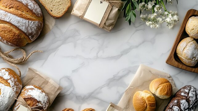 A clean flat lay of bakery labels styled with visible text areas on a marble table. pic