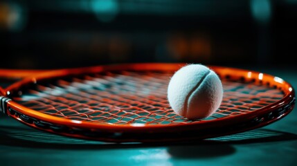 Badminton shuttlecock resting on a racket, cinematic close-up shot, dramatic lighting, elegant sports imagery