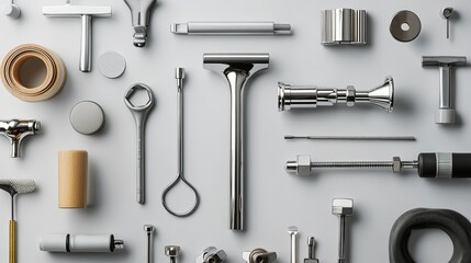 A clean arrangement of plumbing tools styled on a light gray countertop. pic