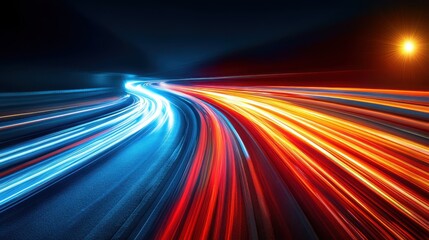 A striking image of a highway featuring a luminous light trail that runs through the center, capturing the essence of movement and speed.