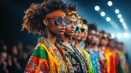Fototapeta premium A group of women wearing colorful clothing and sunglasses stand on a runway. Generative AI