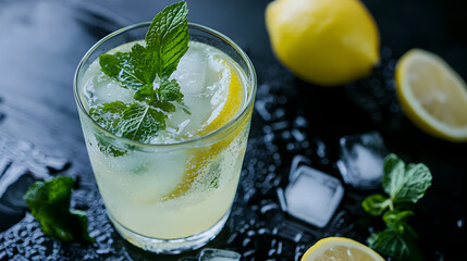 Fototapeta premium A glass of lemonade with a slice of lemon on top