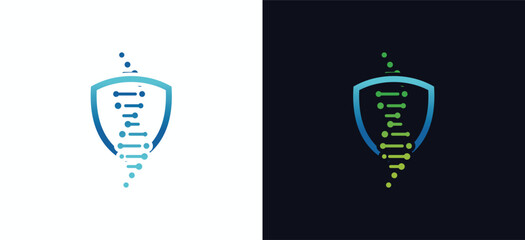 Vector illustration of dna genetic logo design with shield symbol