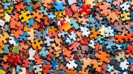 A vibrant collection of assorted puzzle pieces stacked closely, showcasing various colors and shapes, inviting curiosity and creativity.