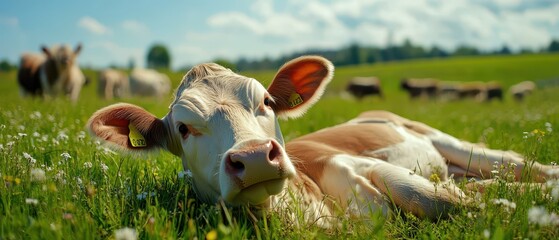 Calf resting peacefully in a sunny green meadow