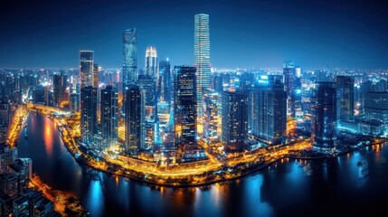 A stunning artificial city skyline at night, illuminated by vibrant lights mirrored in the calm water below, showcasing modern urban architecture.