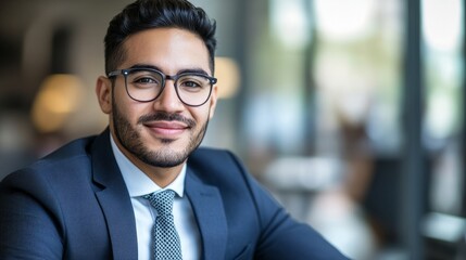 Fototapeta premium Confident young man in formal attire at a modern desk, embodying professionalism and ambition. 