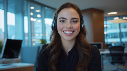 Fototapeta premium A telemarketing agent smiles warmly at the camera, headset on, as she answers customer inquiries in a well-lit, modern office with sleek computers and windows.