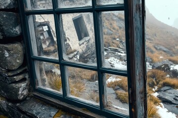 View from a weathered window in a misty mountain landscape. Generative AI