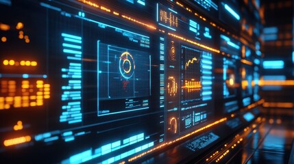 A detailed view of a computer screen illuminated by numerous colorful lights, showcasing vibrant displays and digital elements.